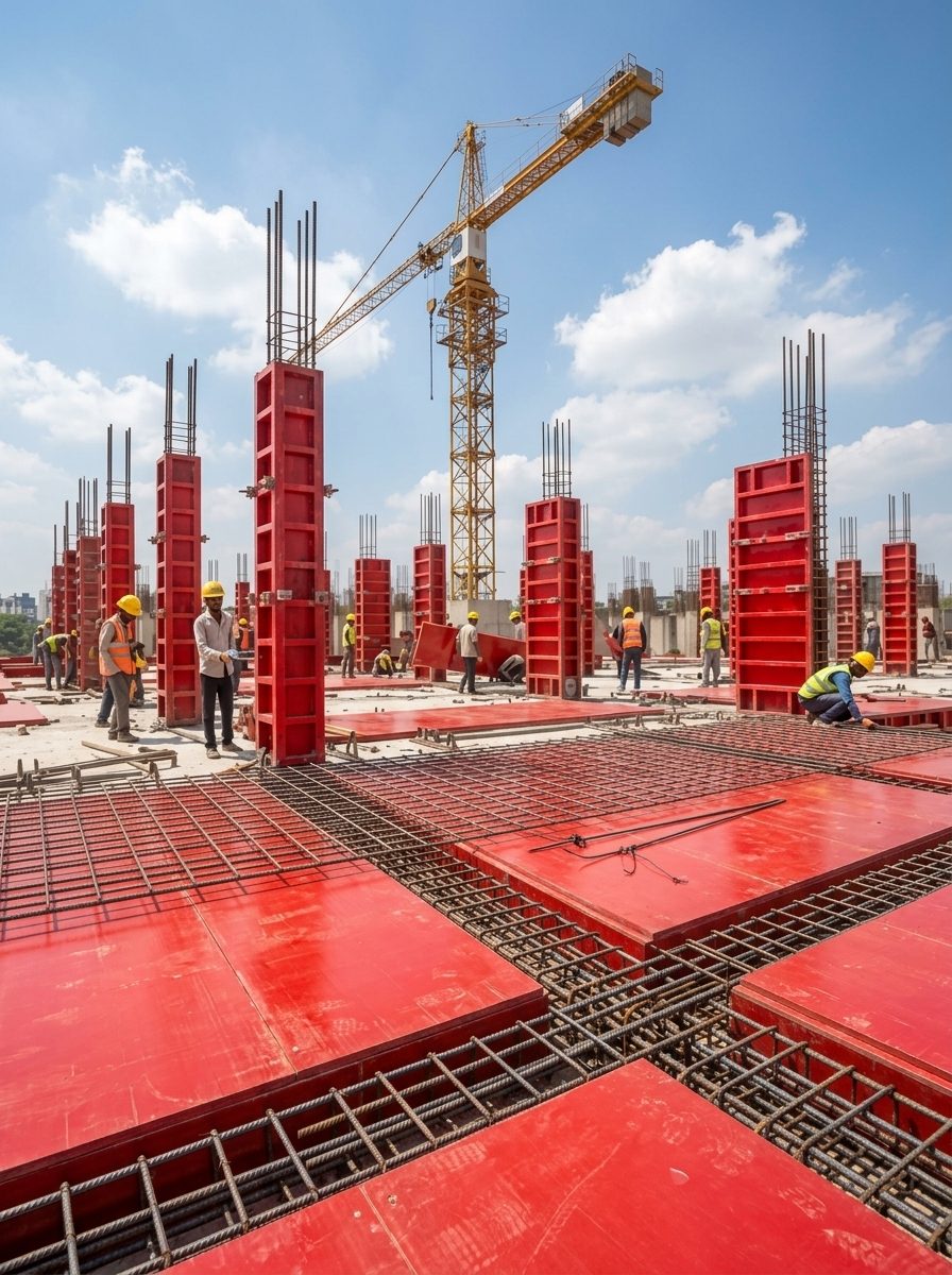 Active Commercial Slab and Column Formwork with Red Film-Faced Shuttering Plywood