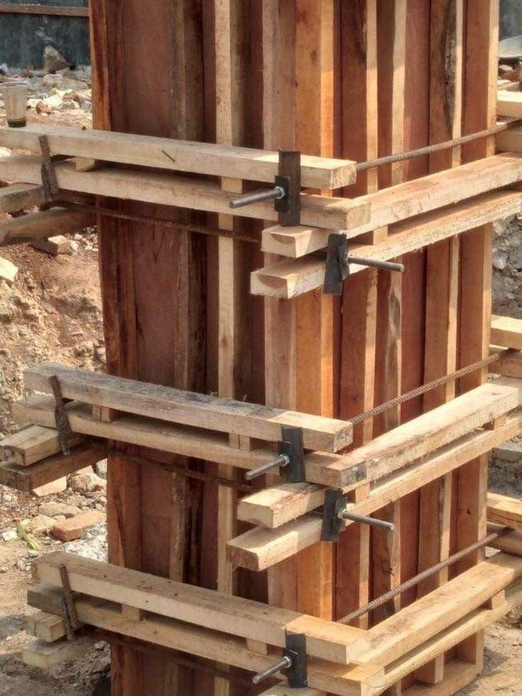 Heavy Steel Clamps Fastened Around Timber Column Formwork