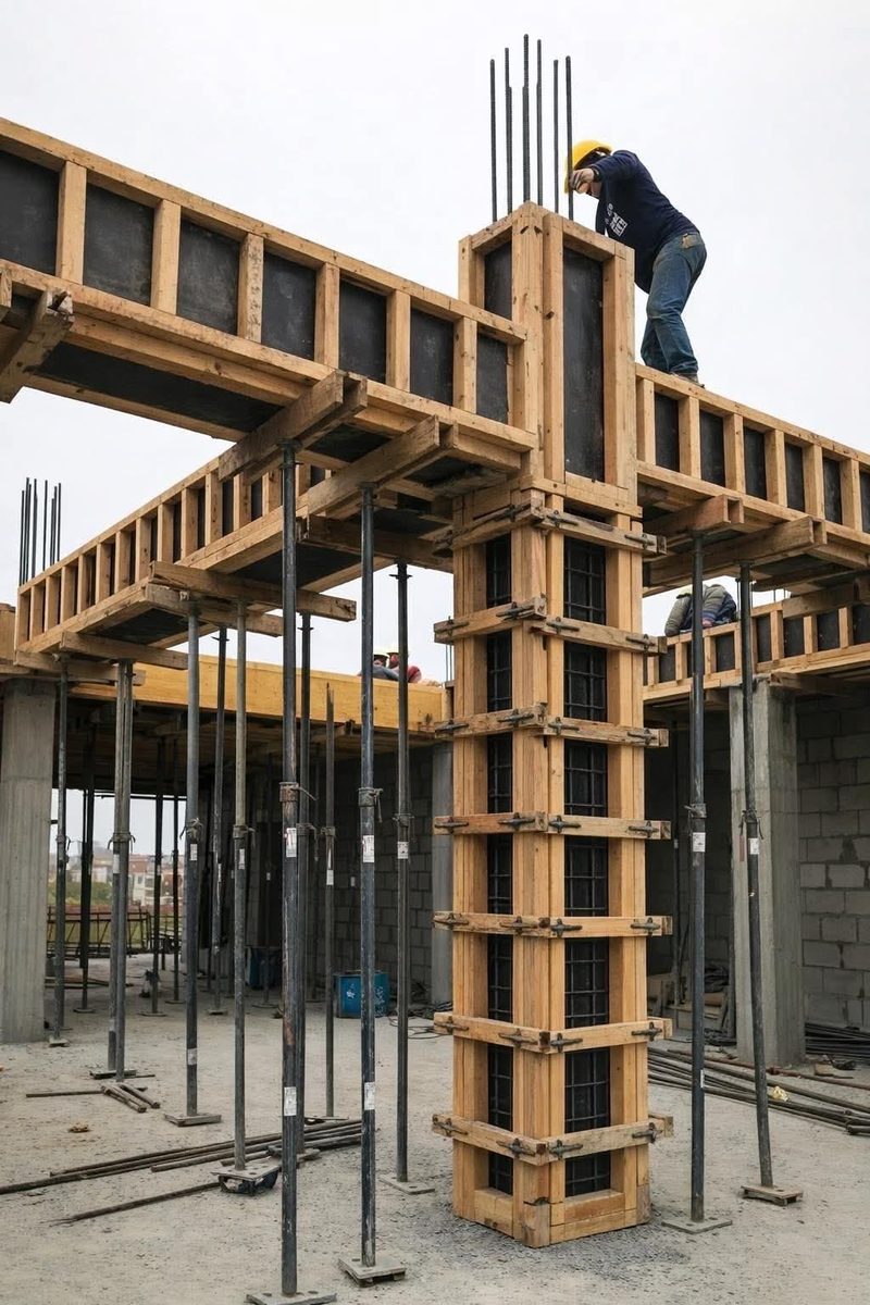 Elevated Beam Shuttering and Worker on Scaffolding