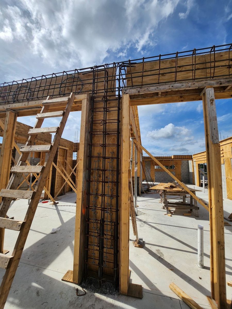 Structural Column Rebar and Beam Wooden Formwork under Clear Sky