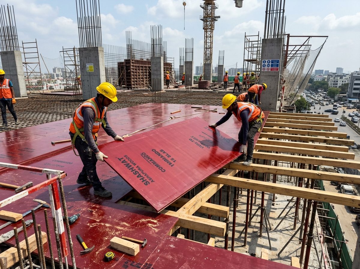 Carpenters Laying Red Film-Faced Shuttering Plywood on Pine Joists for Structure Slab Deck